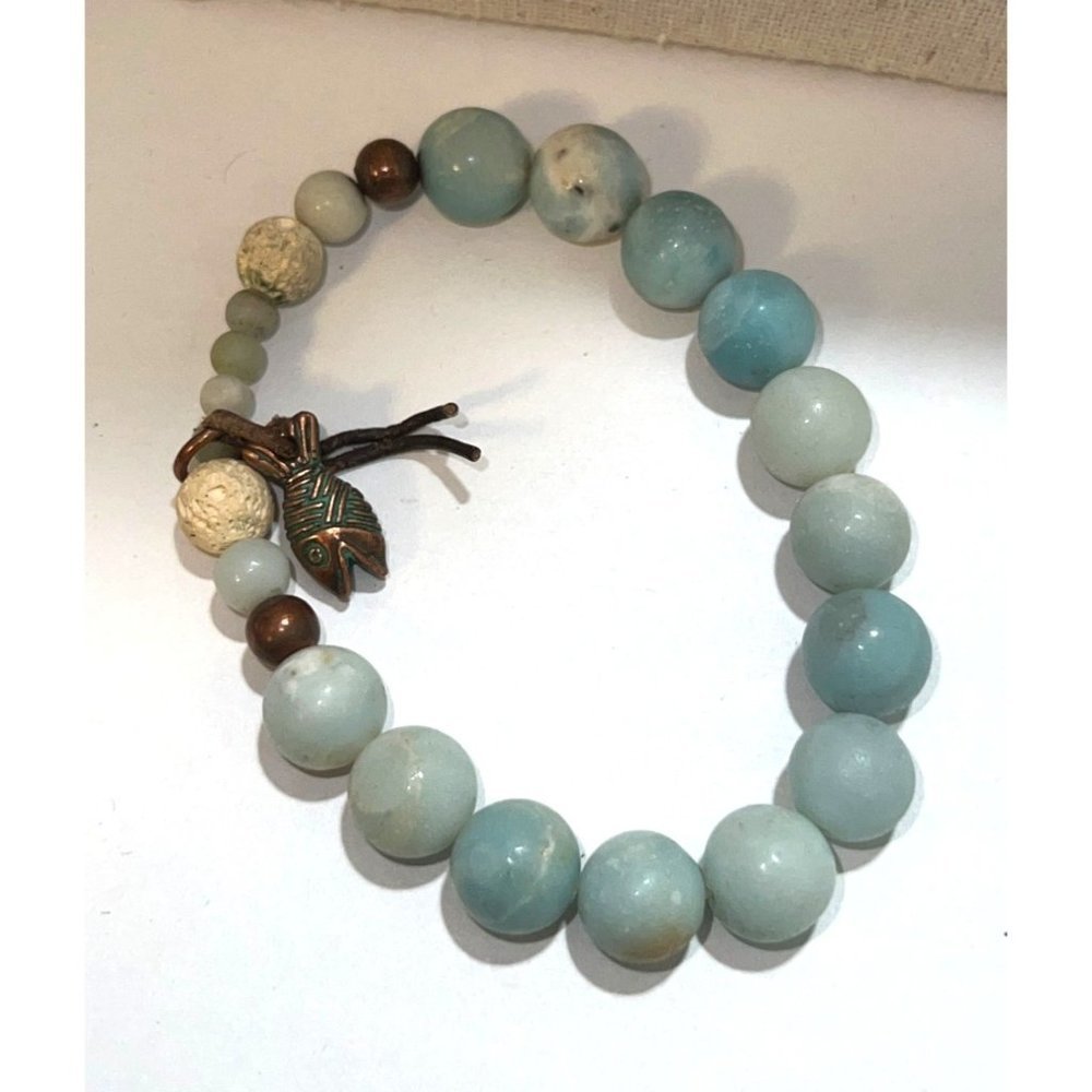 Blue Jasper And Lava Bead Fish Stretch Bracelet -- 7.25"